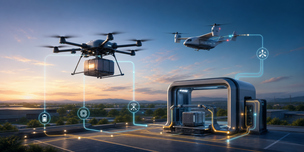 Industrial cargo drone, cargo eVTOL aircraft and automated charging dock connected by protected power and telemetry paths.