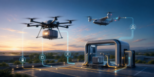 Industrial cargo drone, cargo eVTOL aircraft and automated charging dock connected by protected power and telemetry paths.