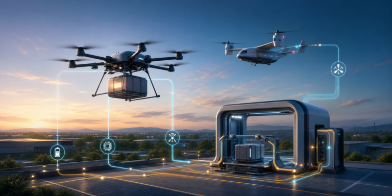 Industrial cargo drone, cargo eVTOL aircraft and automated charging dock connected by protected power and telemetry paths.