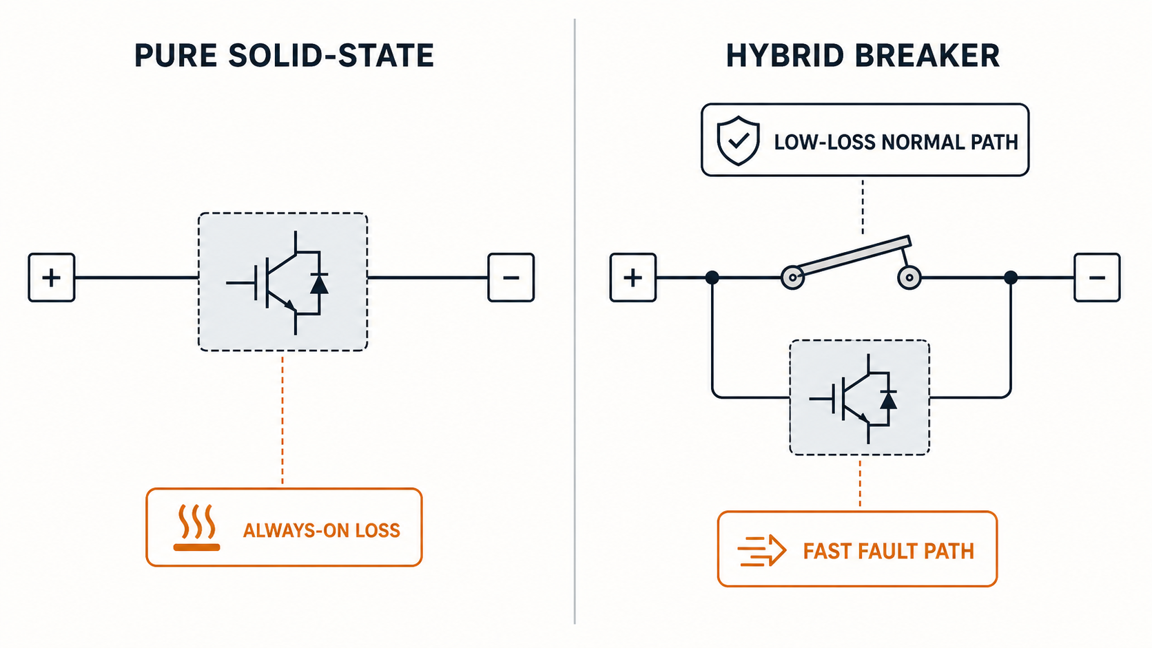 Comparison infographic showing the always-on conduction loss of a pure solid-state breaker and the separate low-loss normal-current and fast fault paths of a hybrid breaker.