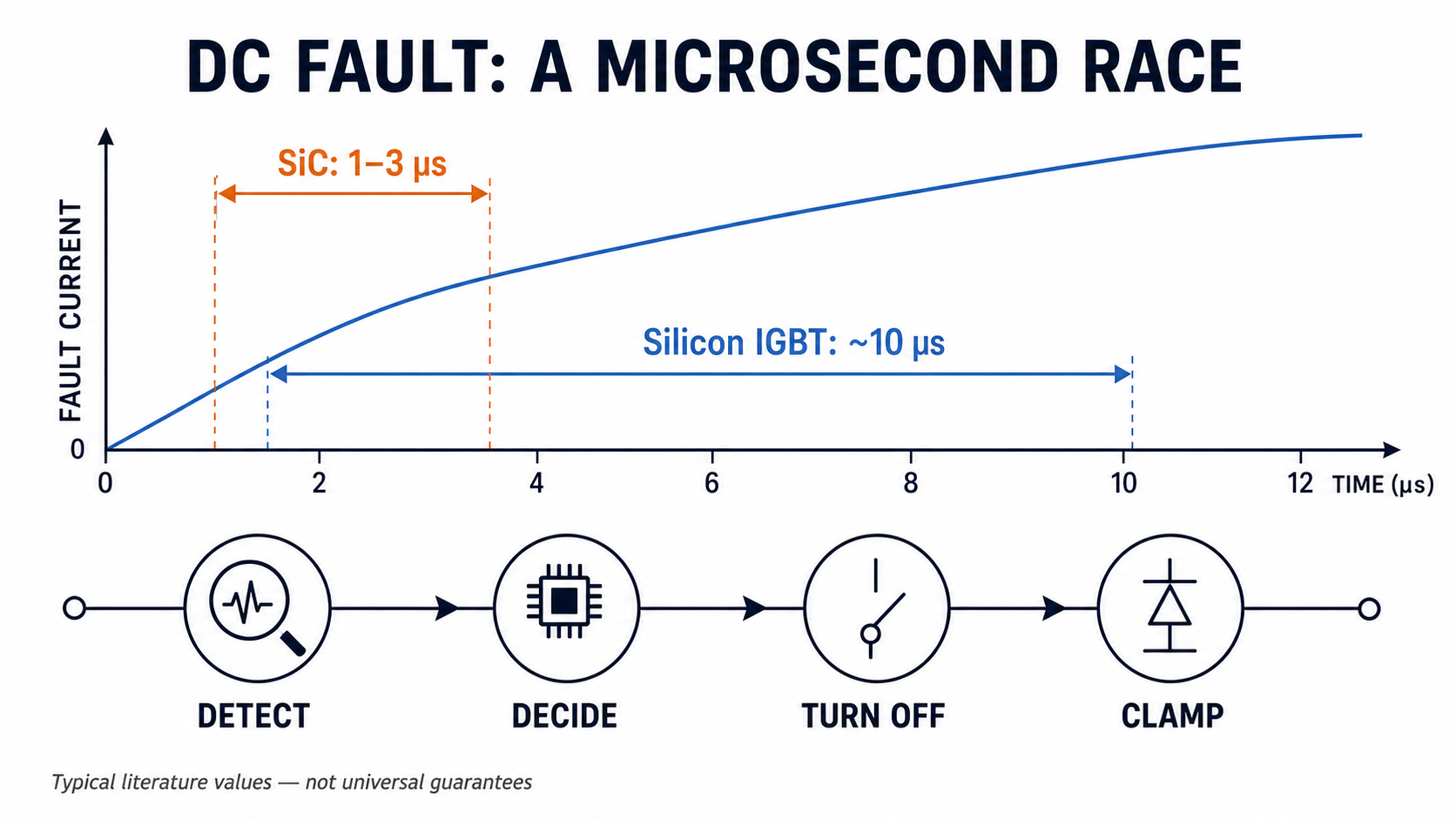 Timeline infographic comparing a typical one-to-three-microsecond SiC short-circuit window with an approximately ten-microsecond silicon IGBT reference window, followed by detect, decide, turn off, and clamp stages.