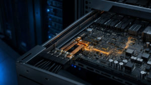 Conceptual AI-server tray showing a protected 48/54 V input power path from copper busbars into the server board.