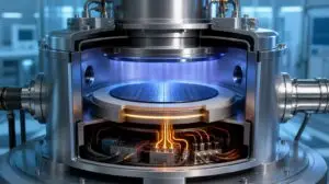 Illustrative cutaway of a modern semiconductor plasma-process chamber with a wafer on an electrostatic chuck and control electronics beneath the stage.