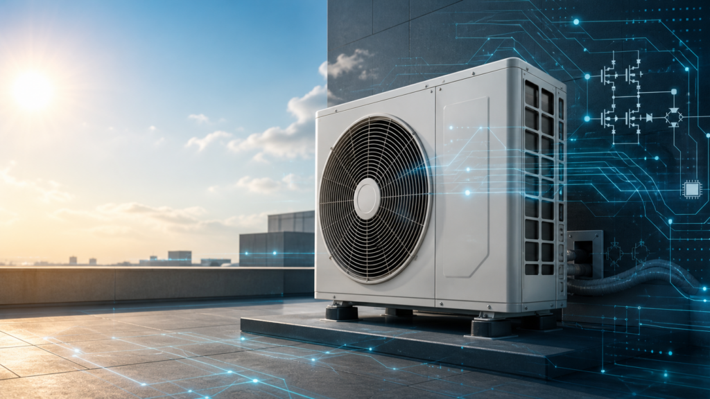 A modern unbranded inverter HVAC outdoor unit on a rooftop with subtle blue power-electronics and circuit motifs.
