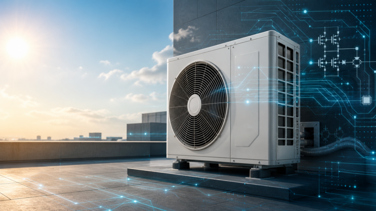 A modern unbranded inverter HVAC outdoor unit on a rooftop with subtle blue power-electronics and circuit motifs.