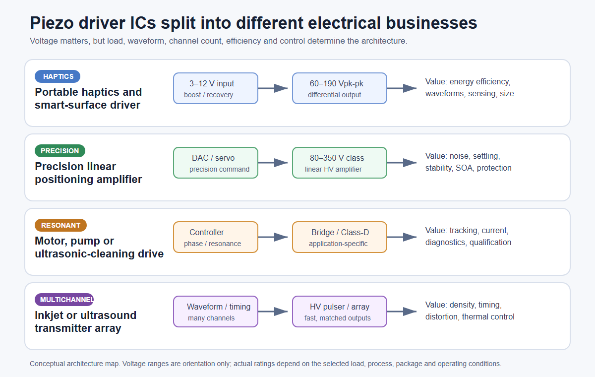 Diagram comparing four piezo driver IC architectures: portable haptic conversion, precision linear amplification, resonant bridge drive, and multichannel pulser arrays.
