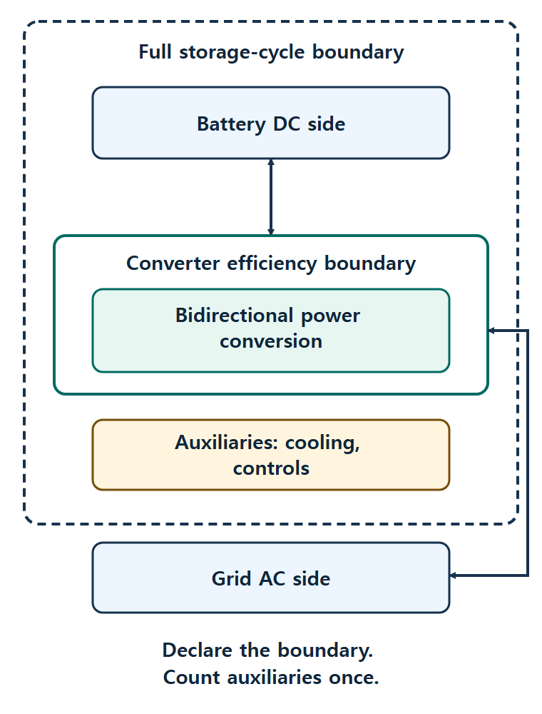 Vertical diagram. A dashed outer box labelled full storage-cycle boundary contains, from top to bottom, a battery DC block; a bidirectional power conversion block inside a narrower box labelled converter efficiency boundary; and an auxiliaries block for cooling and controls. A double-headed arrow joins the battery and conversion blocks. A grid AC block sits below, outside the storage-cycle boundary, joined to the conversion block by a double-headed arrow on the right; it marks the grid AC measurement interface.