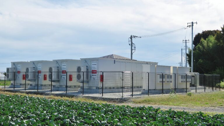 Outdoor battery storage equipment at the Nirazuka Battery Storage Power Station in Gunma, Japan