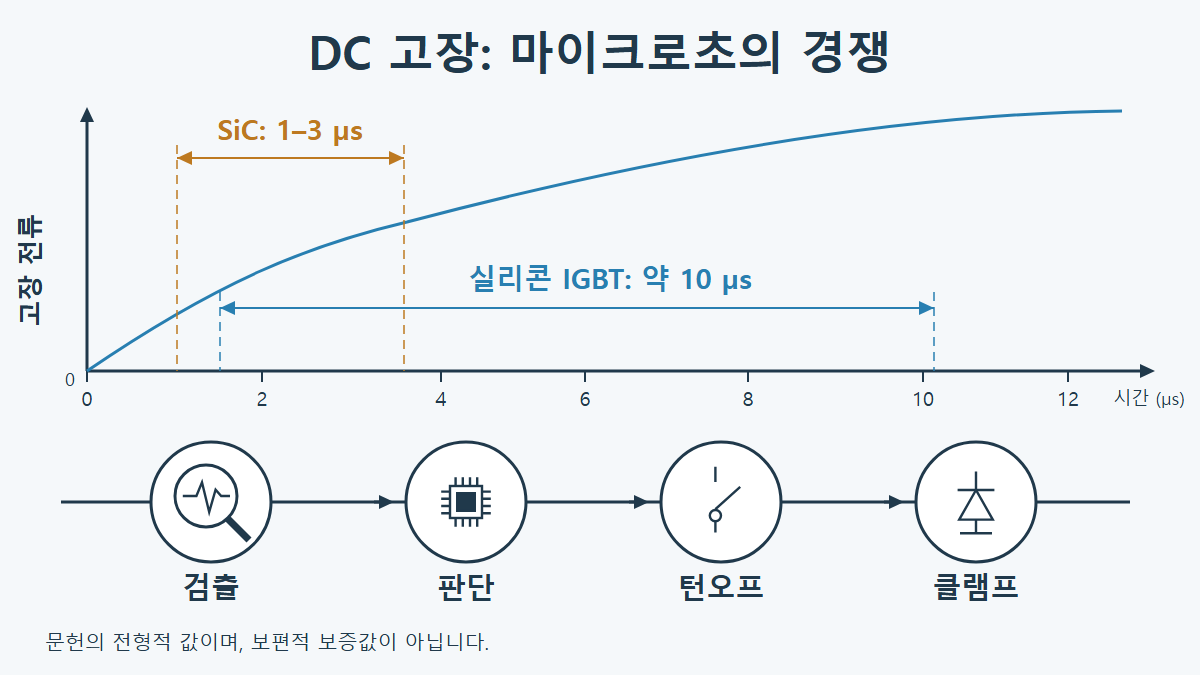 일반적인 1~3 µs SiC 단락 윈도와 약 10 µs 실리콘 IGBT 기준 윈도를 비교하고 검출, 결정, 턴오프, 클램프 단계를 잇는 타임라인 인포그래픽.