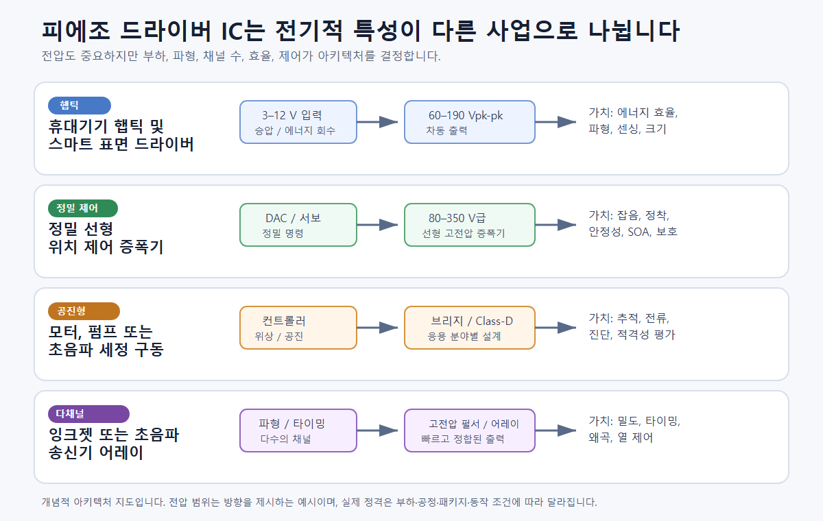 휴대형 햅틱 변환, 정밀 선형 증폭, 공진 브리지 구동, 다채널 펄서 어레이라는 네 가지 피에조 드라이버 IC 아키텍처 비교.